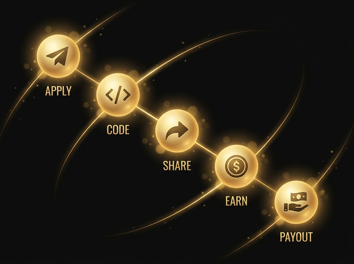 Apply → Code → Share → Earn → Payout flow